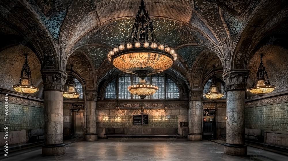 Fototapeta premium Grand hall interior with ornate chandeliers, arched ceilings, and mosaic tile floors.