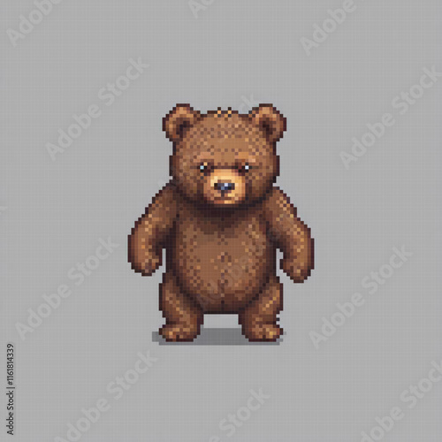 Adorable brown teddy bear in pixel art, standing proudly on hind legs.