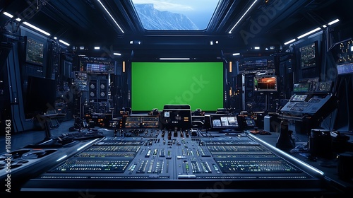 Fototapeta Naklejka Na Ścianę i Meble -  Futuristic cockpit with green screen. (1)