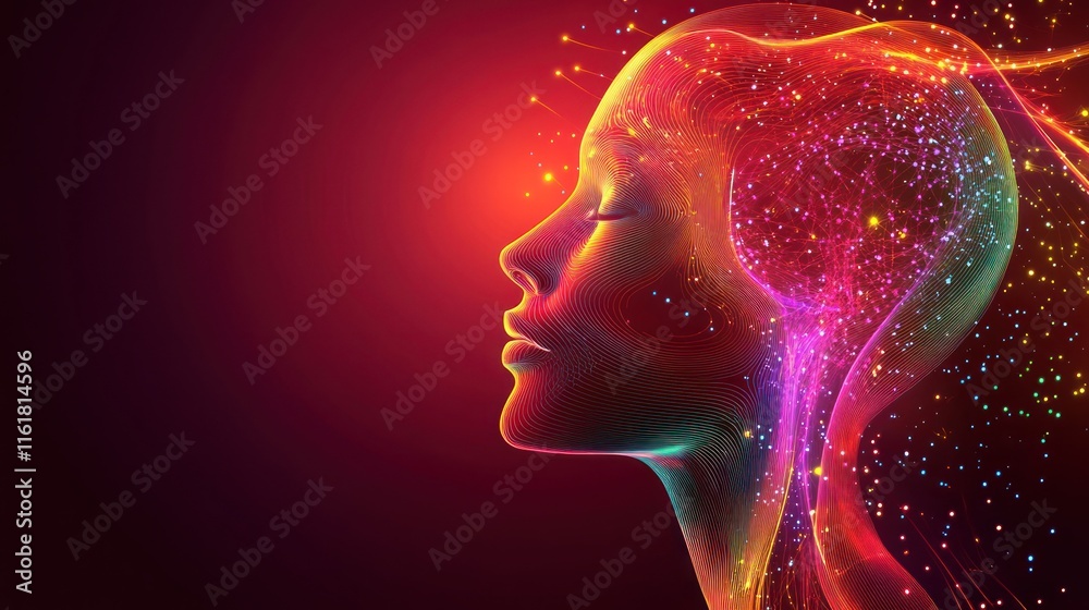 Mind's Eye: A vibrant abstract portrait of a woman's head, rendered in glowing lines and particles, symbolizing thoughts and consciousness. Mind's Eye: A vibrant abstract portrait of a woman's head, rendered in glowing lines and particles, symbolizing thoughts and consciousness.
