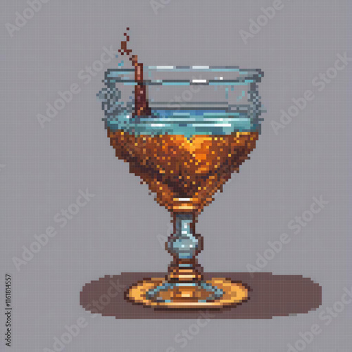 Pixel art of a glass brimming with liquid perched on a table.