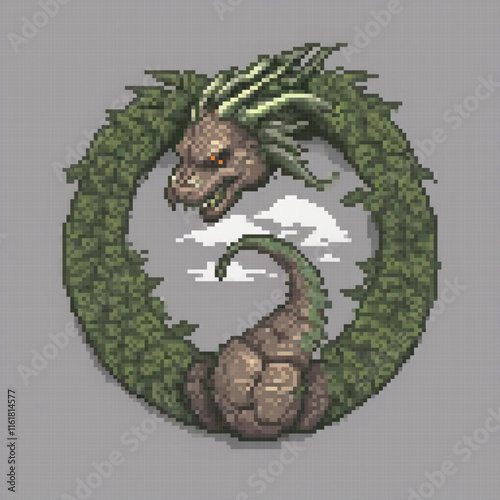 Vintage green dragon in a circular fortress against a cloudy sky.