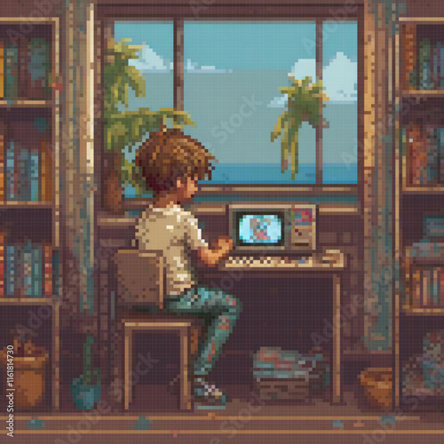 Pixel art boy at desk, computer screen, focused on work