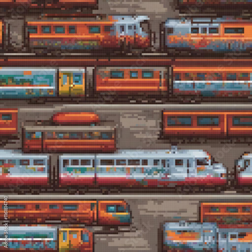 Pixel-art trains on tracks, vintage charm meets modern design.