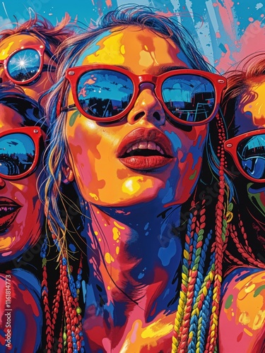 Wallpaper Mural A group of friends enjoys a lively summer festival, their faces glowing with enthusiasm. Colorful sunglasses reflect a vibrant atmosphere, capturing the essence of youth and joy. Torontodigital.ca