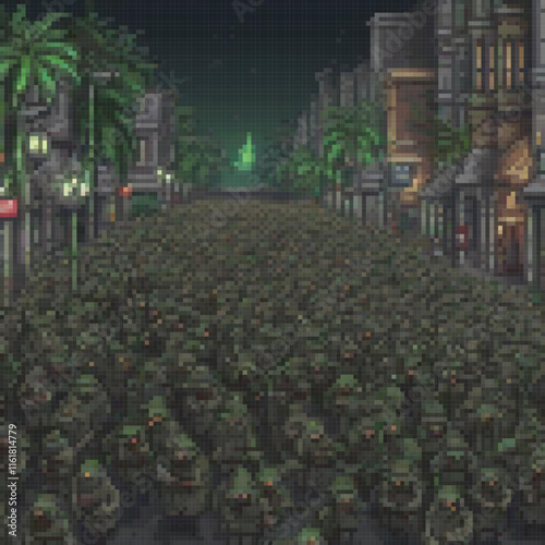 Pixel art depicting soldiers marching at night