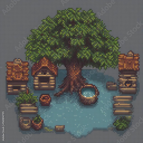 Pixel art of a serene tree by a pond