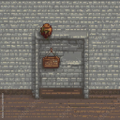 Pixel art depicting a charming brick wall with a vintage clock.