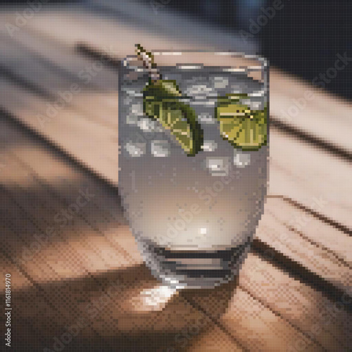 Pixel art depicting a classic gin and tonic on a rustic wooden table.
