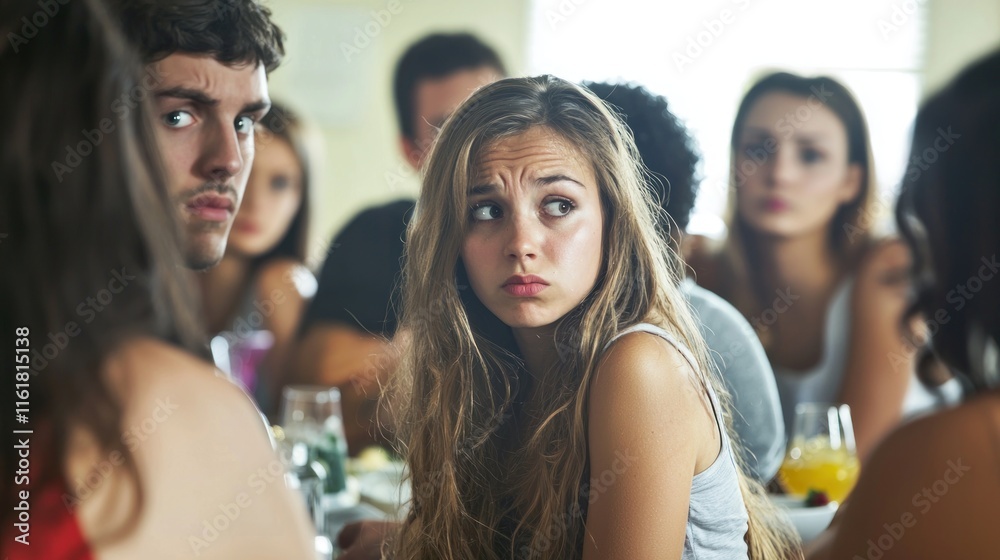Obraz premium A group of friends looking discontented as one receives attention at a gathering.