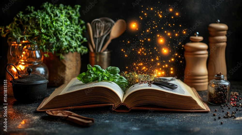 Open cookbook with herbs, spices, and magical glow. Open cookbook with herbs, spices, and magical glow.