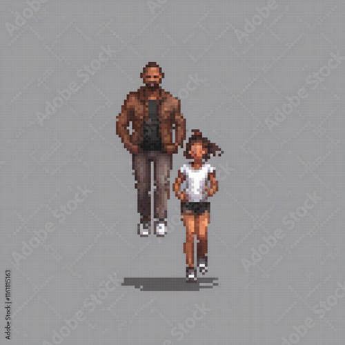 Pixel art depicting a man and a child strolling side by side.