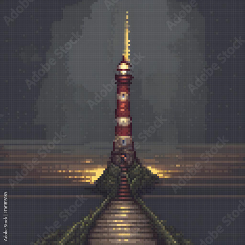 Nighttime pixel art lighthouse illuminating the sea.