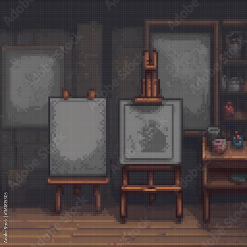 Pixel art depicting a cozy art studio with two easels and a table.
