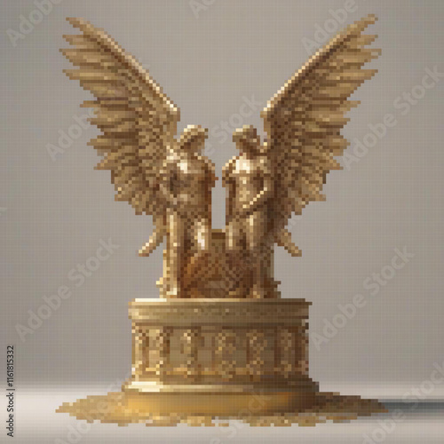 Gold angel statues on pedestal, pixel art style