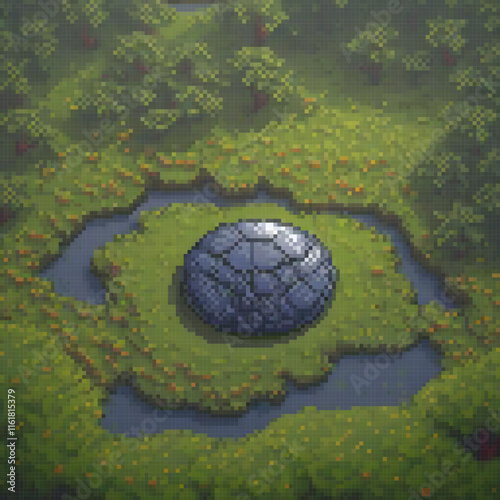 Vintage pixel art of a vibrant blue ball set against a lush green field.