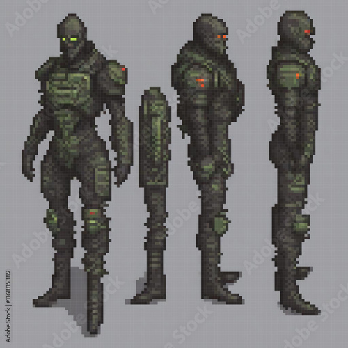 Pixel art showcasing four unique armor sets for gaming enthusiasts.