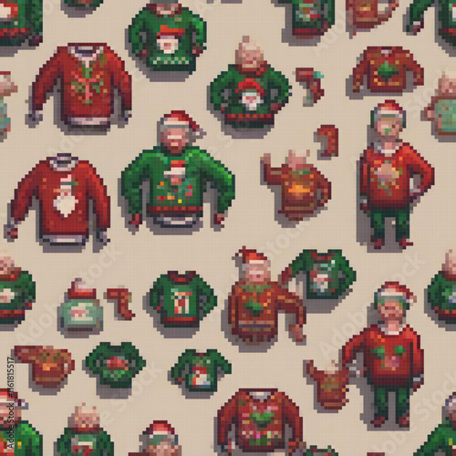 Beige backdrop showcases a quirky collection of ugly Christmas sweaters in pixel art style.