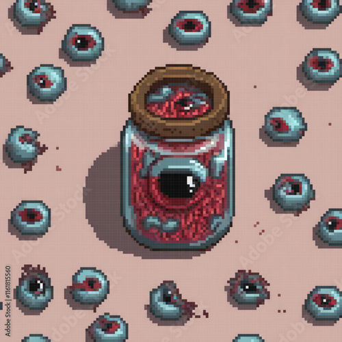 Pixel art jam jar with blueberries on a pink backdrop.