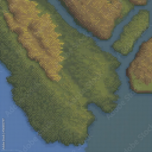 Pixel art depicting a charming island map surrounded by serene waters.