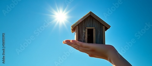 A hand holding a tiny wooden house under a bright blue sky.