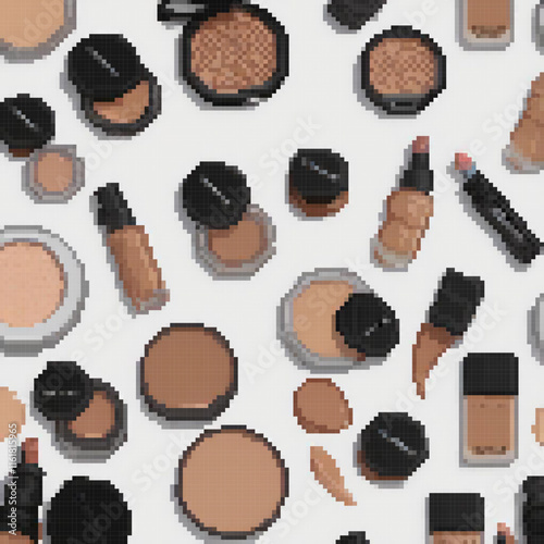 Pixel art showcasing diverse makeup items on a pristine white backdrop.