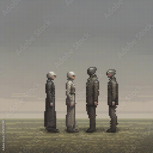 Pixel art soldiers in a field, ready for action.