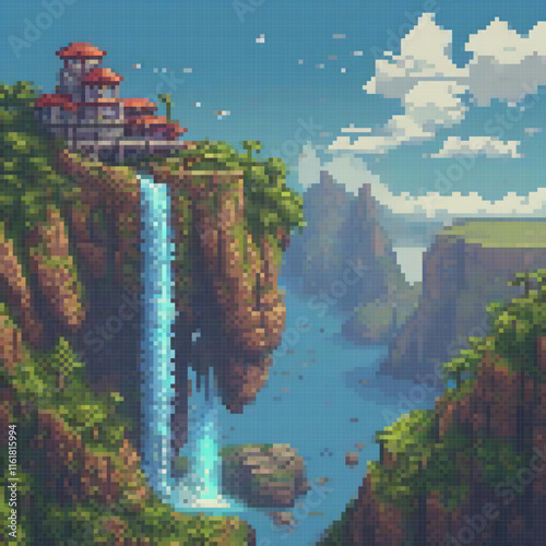 Pixel art depicting a majestic waterfall amidst a mountainous landscape.