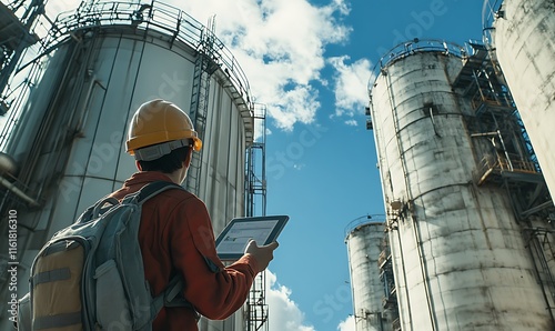 Worker using a tablet near industrial silos under a blue sky.