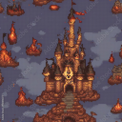 Pixel art castle engulfed in flames, captivating retro aesthetic.