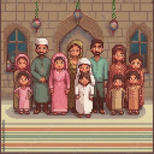 Pixel art depicting a lively group in front of a charming building.