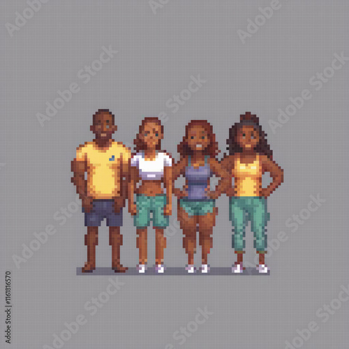 Pixel art depicting a lively group of friends sharing a moment.