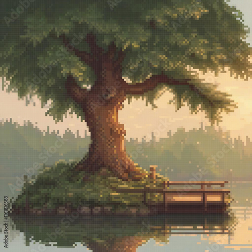 Pixel art depicting a majestic tree on a serene island lake.