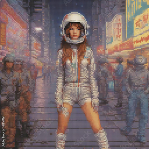 Astro-suited woman amidst a futuristic cityscape, pixel art style.