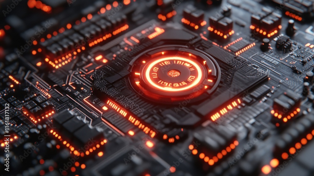 Futuristic circuit board with glowing central processor. Futuristic circuit board with glowing central processor.