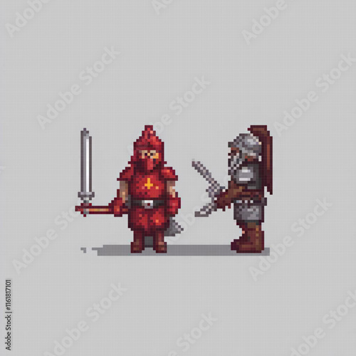 Pixel art depicting two valiant knights, each wielding a sword and shield, ready for battle.