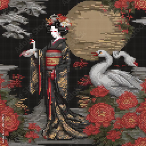 Delicate cross stitch art featuring a geisha and two swans in pixel art style.
