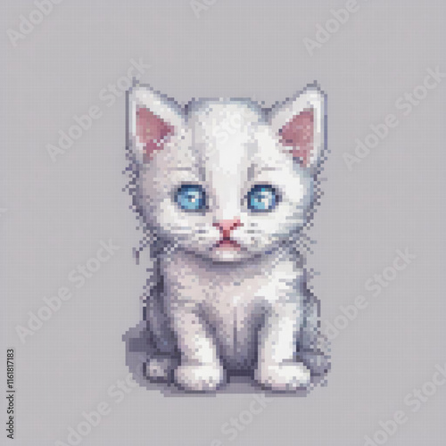 Cute white kitten with striking blue eyes on a gray backdrop.