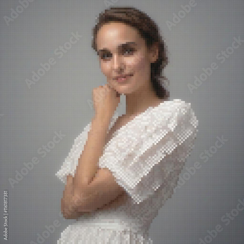Elegant woman in a pristine white dress, striking a posed photo.