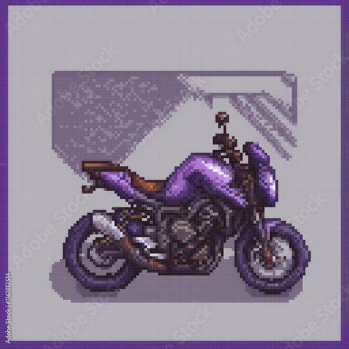 Pixel art depiction of a vibrant purple motorcycle.