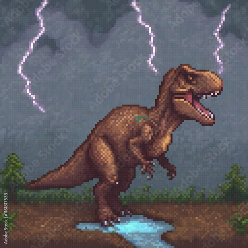 Pixel art T-Rex amidst a stormy sky