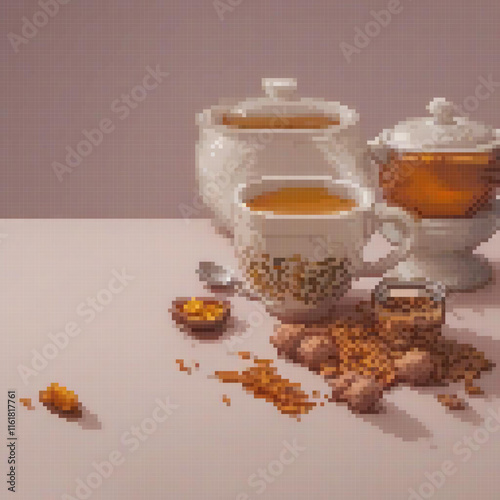Pixel art depicting a cozy tea time with a teapot and cup on a table.