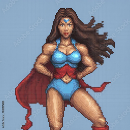 Cosplay-inspired pixel art featuring a woman in a vibrant blue bikini and a fiery red cape.