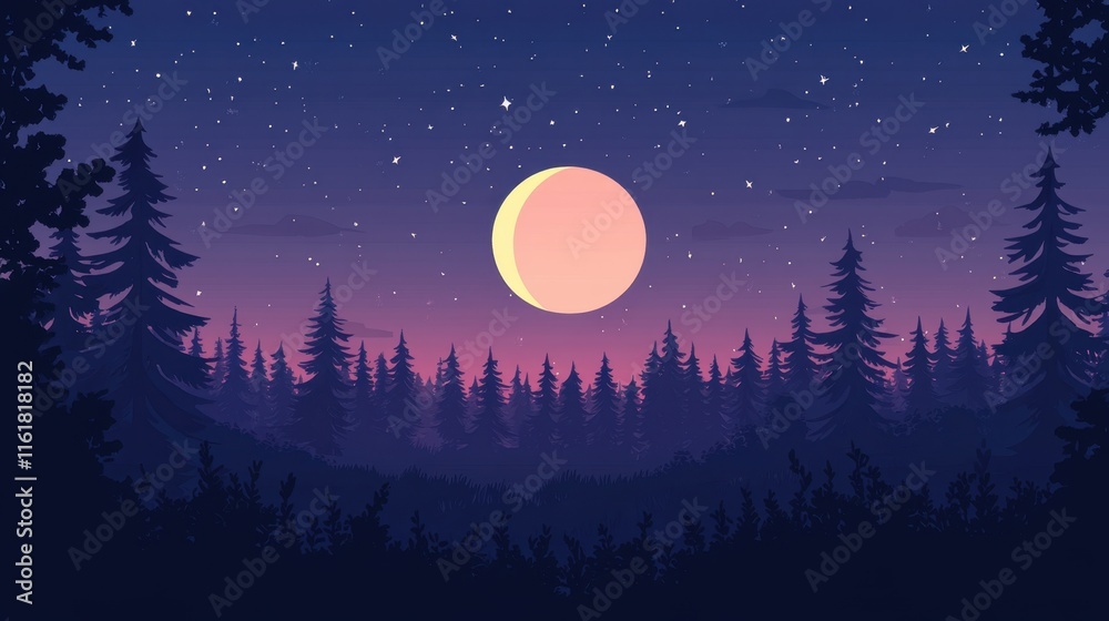 Naklejka premium Serene Night Sky with Crescent Moon Over Dark Forest Landscape