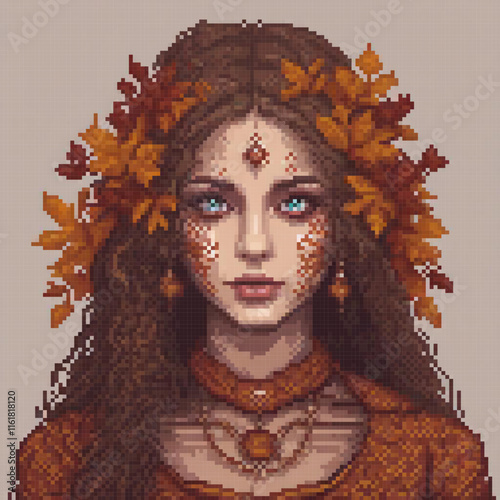 Vintage pixel art of a woman adorned with a leafy wreath.