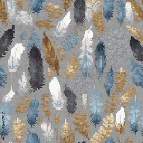 Vintage blue and gold feathered rug in pixel art style.