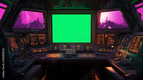 Futuristic spaceship bridge with green screen monitor.