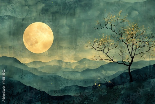 Mysterious moonlit landscape mountains digital art tranquil environment serene viewpoint nature concept photo