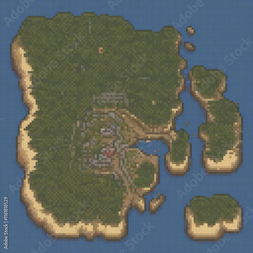 Pixel art depicting a charming island map surrounded by serene waters.