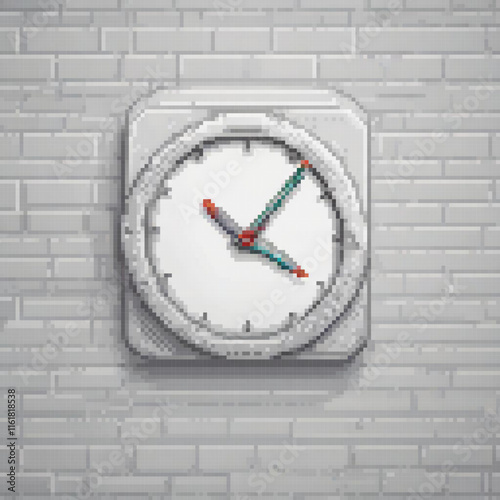 Pixel art clock on brick wall - Retro style timepiece in a classic setting